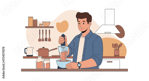 Illustration of a man preparing food using a hand blender in a modern kitchen setting