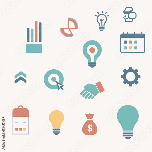 Business and Technology Icon Set Representing Ideas, Planning, and Success in Design