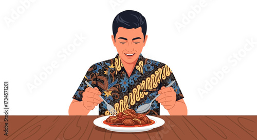 Illustration of a man in batik shirt enjoying a meatball dish with fork and spoon in hand