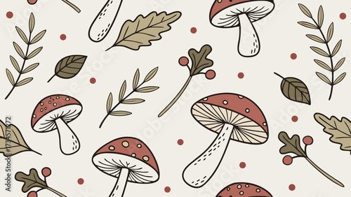 Seamless pattern of handdrawn mushrooms and autumn leaves on a light background