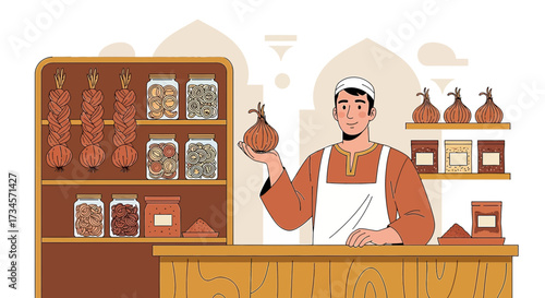Illustration of a merchant in traditional attire showcasing onions and spices at the market