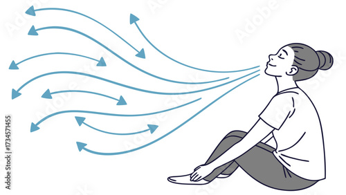 Woman sitting and breathing deeply with air currents flowing towards her