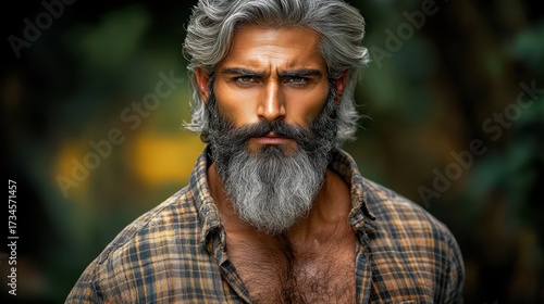 A handsome man with silver hair and a salt-and-pepper beard looks directly at the viewer while wearing an unbuttoned plaid shirt. He seems to be outside during the day