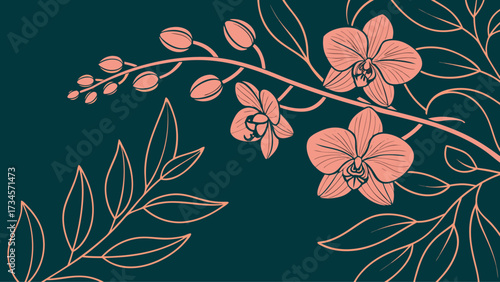 Delicate pink orchid flowers and leaves on a dark teal background, elegant floral illustration