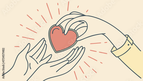 Hand giving heart to another hand, symbol of love, care, and charity, illustration