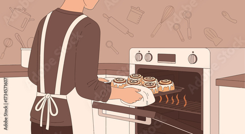 Illustration of a person baking cinnamon rolls in a kitchen with cooking utensils drawings