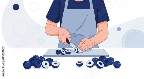 Illustration of a person cutting fresh blueberries on a cutting board for recipe preparation