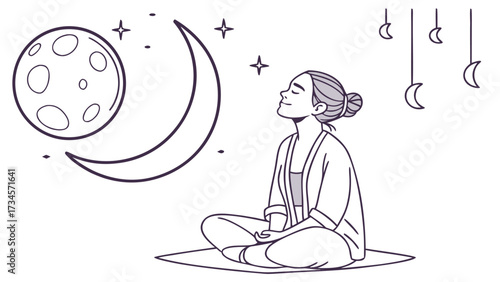 Woman meditating outdoors under the moon and stars, practicing yoga