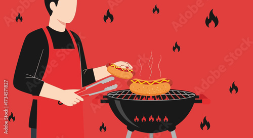 Illustration of a person grilling hot dogs on a charcoal grill with flames decoration concept of