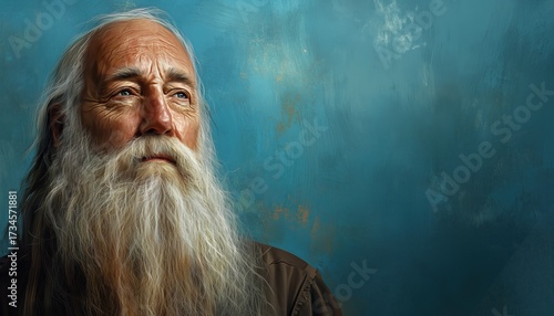 Elderly Gentleman With A Lengthy Beard Wearing Blue Attire: A Portrait Of A Wise Looking Man With A Profound Appearance.