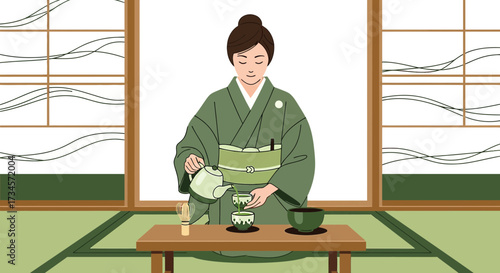 Illustration of a serene japanese woman serving tea in a traditional tea ceremony room with tatami