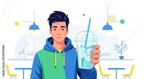 Illustration of a smiling young man holding a refreshing drink with ice cubes in a cafe backdrop