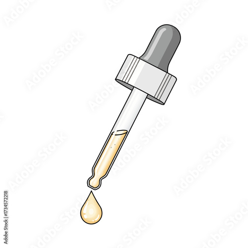 Serum dropper with liquid and dropper tip on white background  