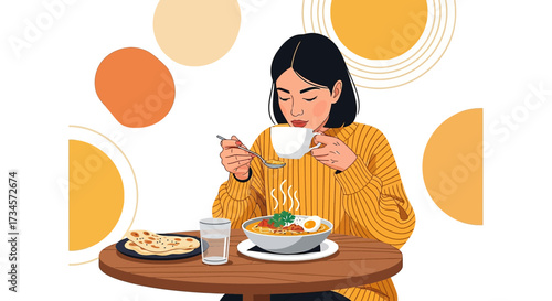 Illustration of a woman enjoying a warm meal and drink in a cozy, stylized setting