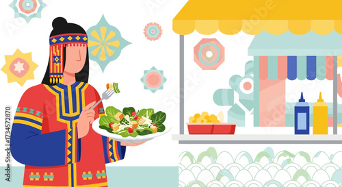 Illustration of a woman in traditional attire eating salad near a food stall concept