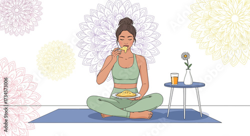 Illustration of a woman meditating and eating breakfast in a mindful lifestyle setting