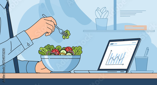 Illustration of businessman eating salad at desk, showing business analysis on laptop during