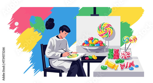 Illustration of an artist painting a still life of colorful candies and lollipops concept