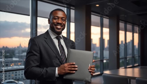 Black businessman holding presentation folder while smiling in office  