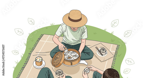 Illustration of people enjoying a picnic with traditional Chinese steamed buns in nature