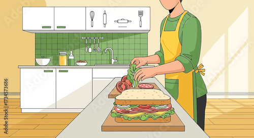 Illustration of person preparing a large sandwich in a clean and modern kitchen setting