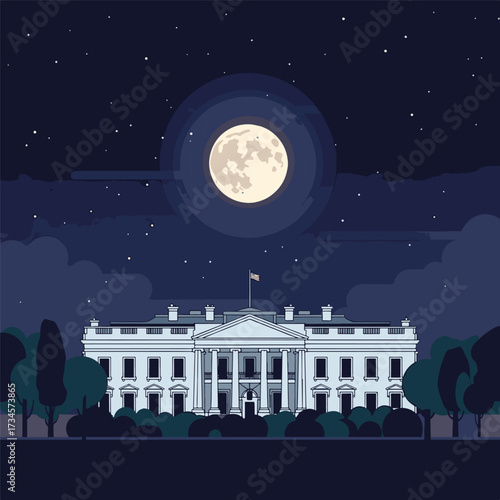 The White House at night under a full moon with stars.