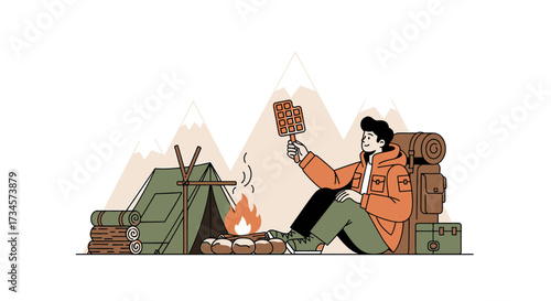 Illustrative camping scene featuring a man roasting marshmallows by a tent and fire