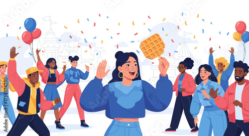 Joyful celebration illustration with diverse crowd holding waffle and balloons in festive atmosphere