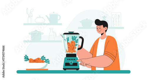 Man making healthy carrot smoothie in a blender at home kitchen illustration