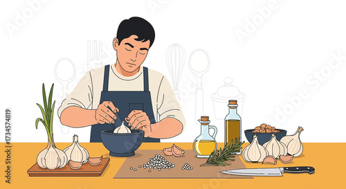 Man preparing garlic ingredients for cooking, a culinary illustration featuring cooking tools,