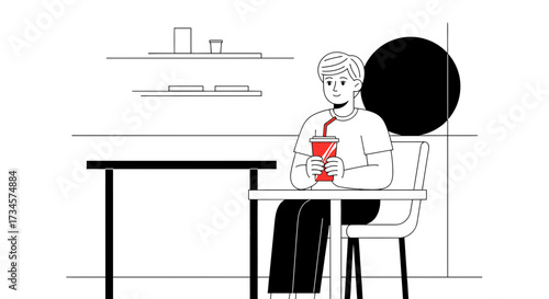 Minimalist illustration of a young man enjoying a soda at a cafe with clean lines and a modern