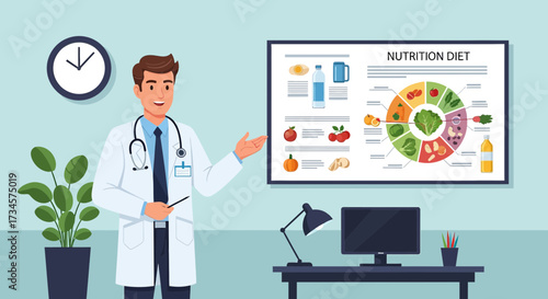 Nutritionist explaining a healthy diet plan in his office with nutritional information poster and