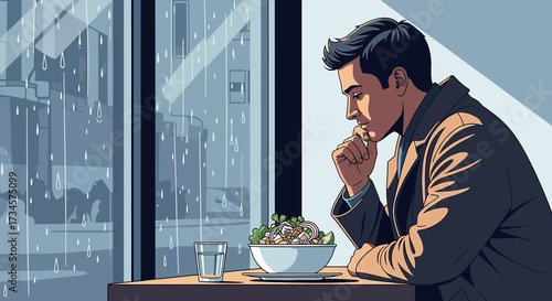 Pensive man contemplates life while dining in a restaurant on a rainy day depicted in a stylish