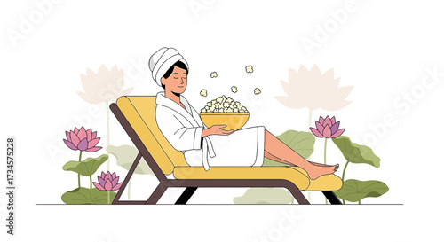 Relaxing day woman in robe on lounge chair with popcorn and lotus flower background