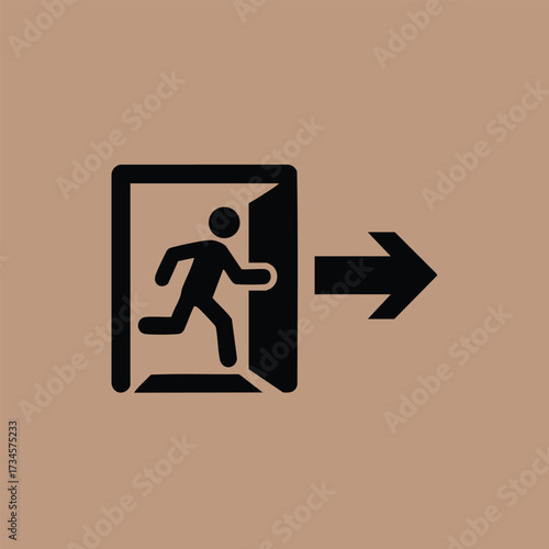 Simplified of a person running through an open door with an arrow pointing outward, representing exit or escape symbol