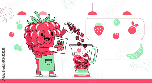 Raspberry character making smoothie in kitchen with fresh fruits and blender illustration