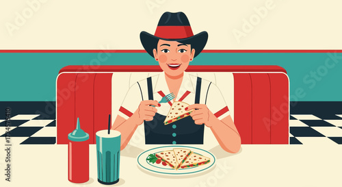Retro diner waitress enjoying quesadillas with a vintage restaurant interior background