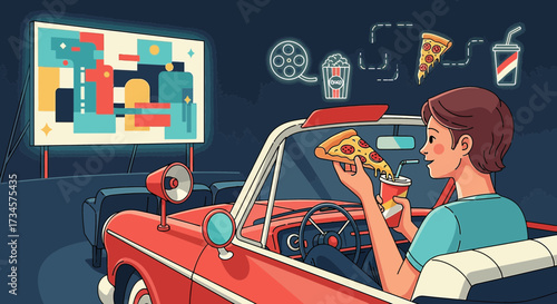 Retro drive-in movie experience illustration with classic car and tasty snacks