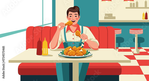 Retro Style Illustration of a Man Enjoying Fried Chicken at a Classic Diner Setting