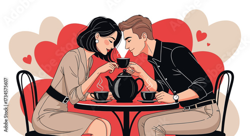 Romantic Illustration of a Couple Sharing Tea, Creating a Warm and Intimate Moment