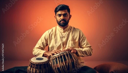 Indian man playing tabla drum and focused on music in warm setting  