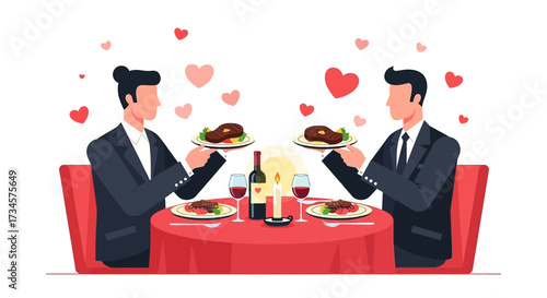 Romantic Valentine's Day dinner setting with steak, wine, and heart decorations creating a loving