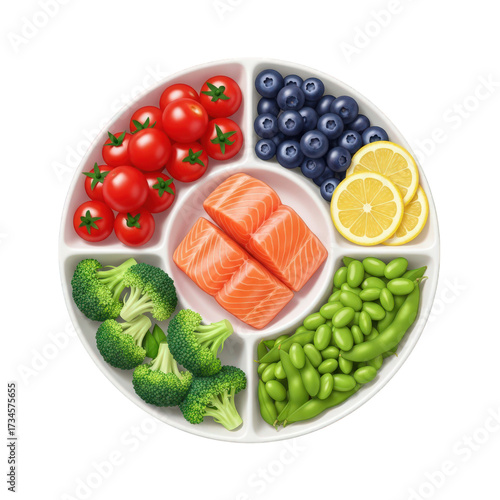 Colorful Vegetables Fish Salmon Fruit Healthy Plate Diverse Plate Food Presentation Healthy Food Wellness Dietary Balance Nutritious Meal