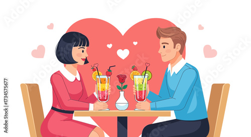 Romantic vector illustration of a couple enjoying cocktails on Valentine's Day night date