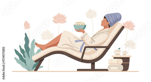 Serene spa day: Woman relaxing in bathrobe and towel with lotus flowers backdrop