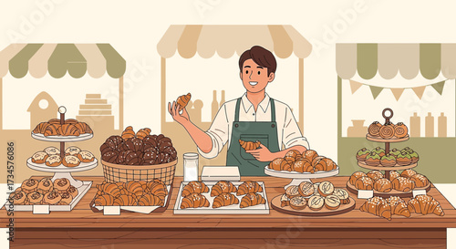 Smiling baker presents an array of fresh pastries and croissants at his bakery stall showcase