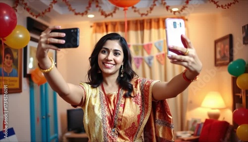 Indian woman taking birthday selfie in decorated home with balloons  