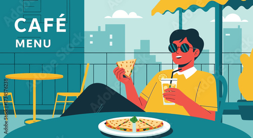 Stylish cafe scene with a man enjoying food and drink on a sunny terrace illustration