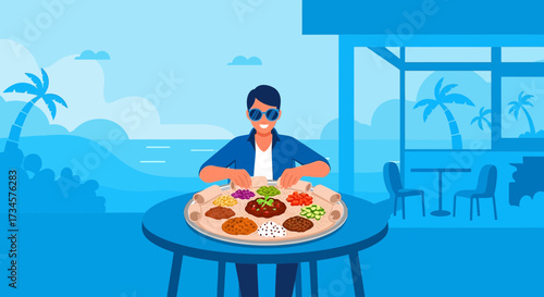 Stylish individual savoring vibrant Ethiopian cuisine at a tropical seaside restaurant