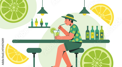 Stylish vector illustration of a man enjoying a refreshing drink at a modern bar